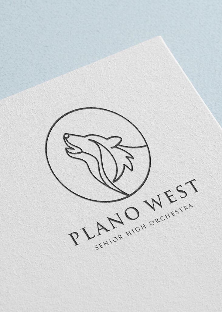 Logo of Plano West Senior High Orchestra featuring a stylized wolf design, symbolizing strength and creativity.