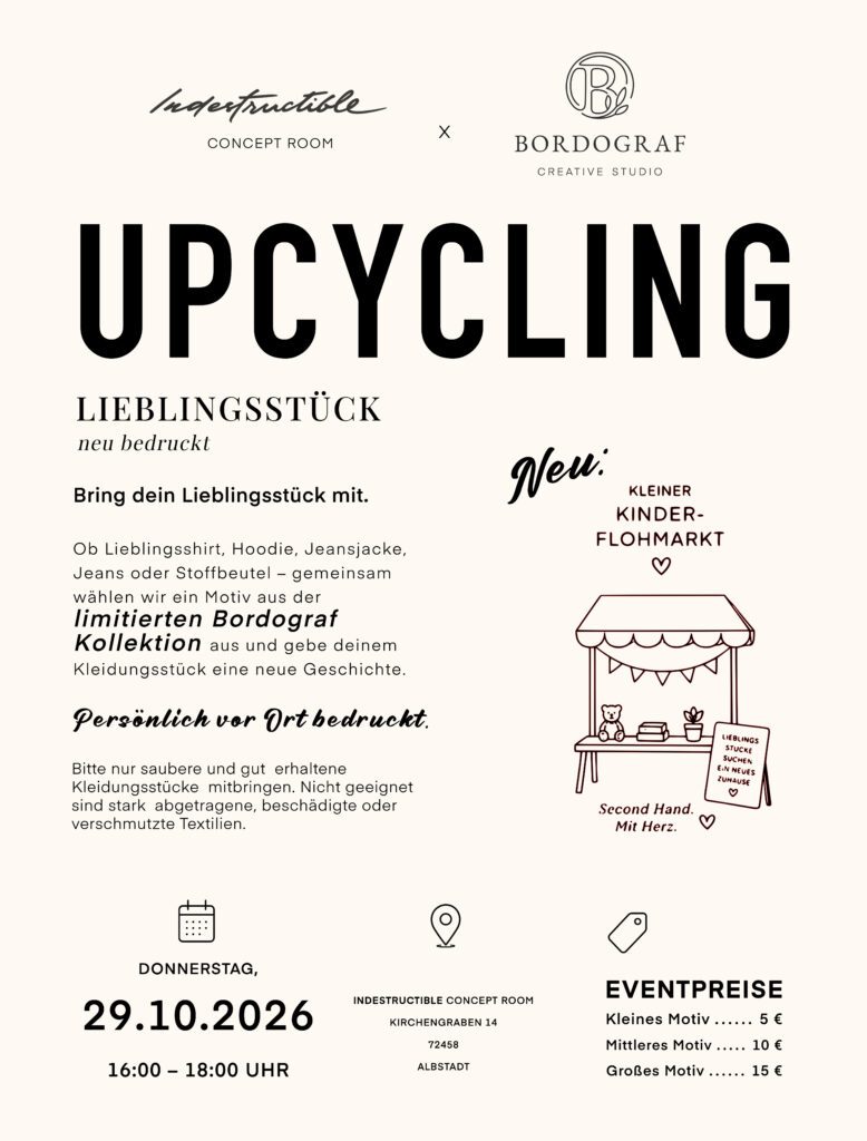 An event flyer for an upcycling workshop in Albstadt featuring custom printing on clothing, a children's flea market, and pricing information.